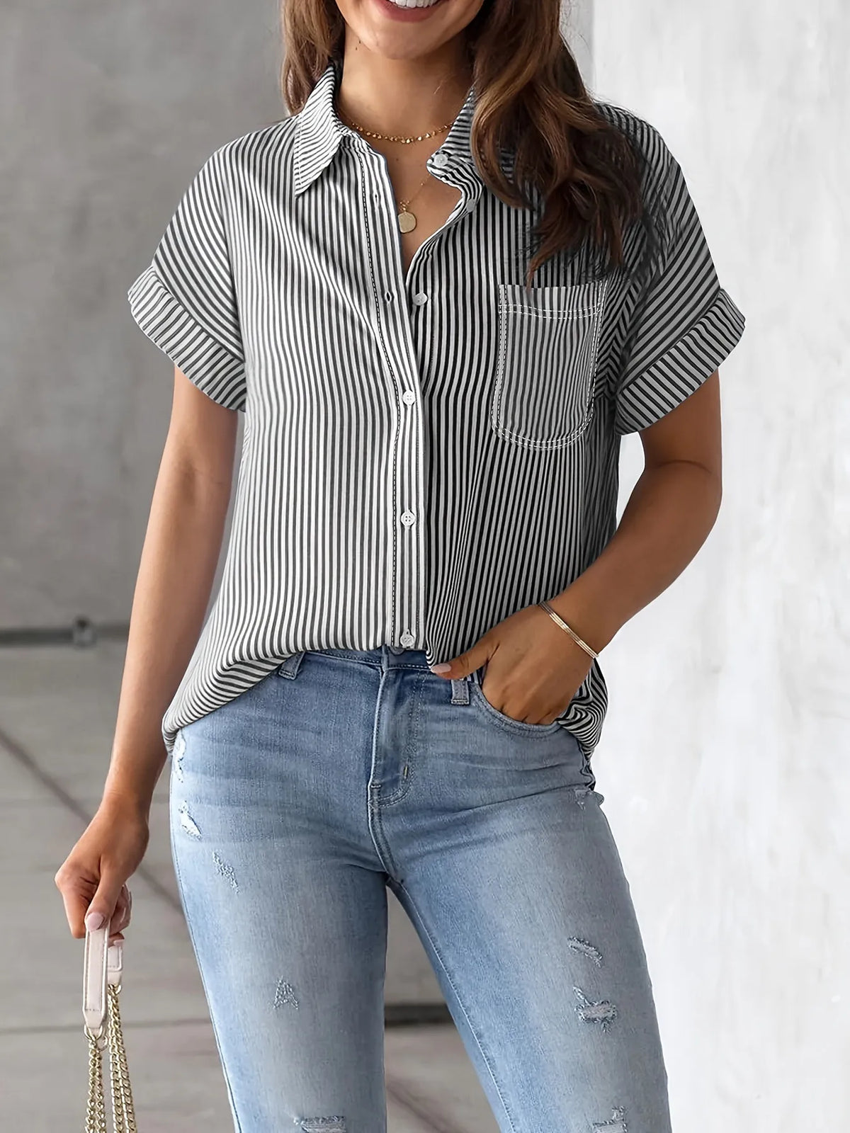 Full Size Striped Button-Up Casual Shirt with Pocket Plus Size - Ladyez