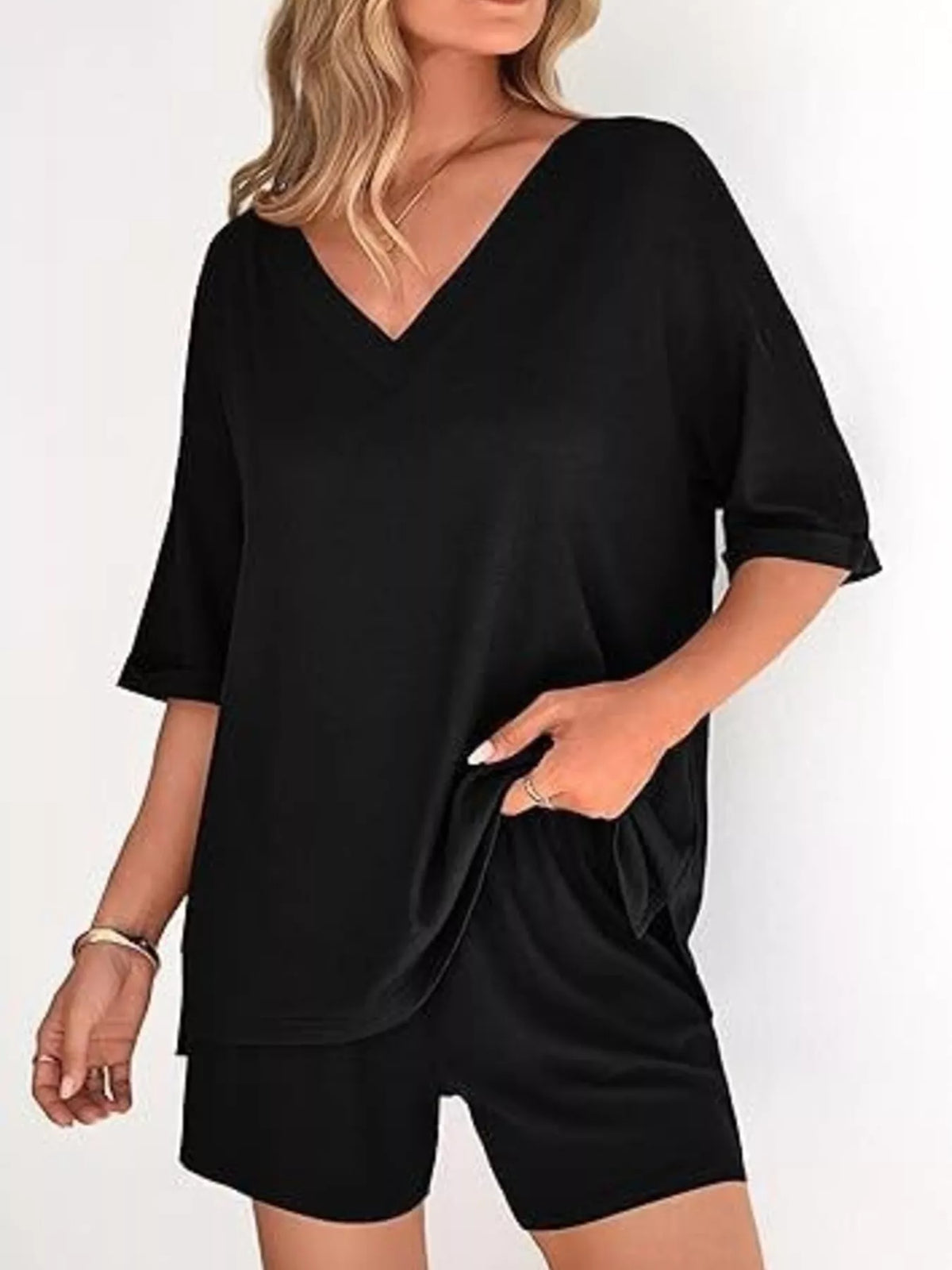 Solid Color V-Neck and Shorts Set