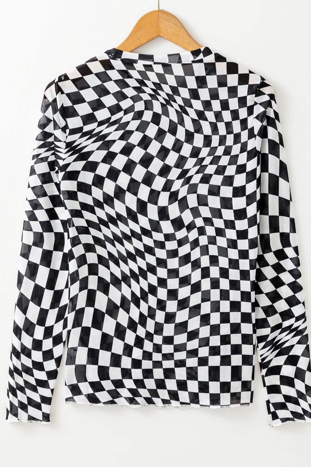 Checkered Mock Neck Long Sleeve Blouse - Ladyez