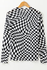 Checkered Mock Neck Long Sleeve Blouse - Ladyez
