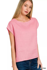 Zenana Linen Round Neck Cap Sleeve Top