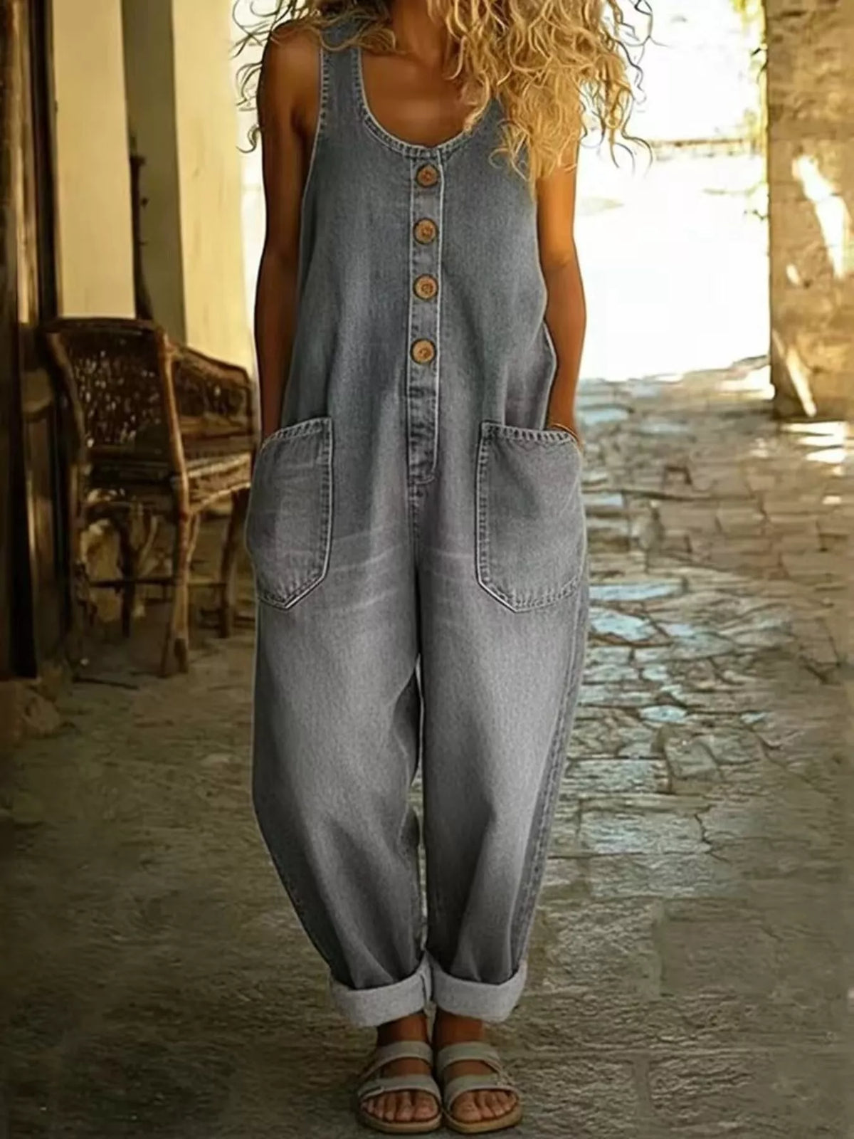 Full Size Button Detail Wide Strap Jumpsuit Plus Size