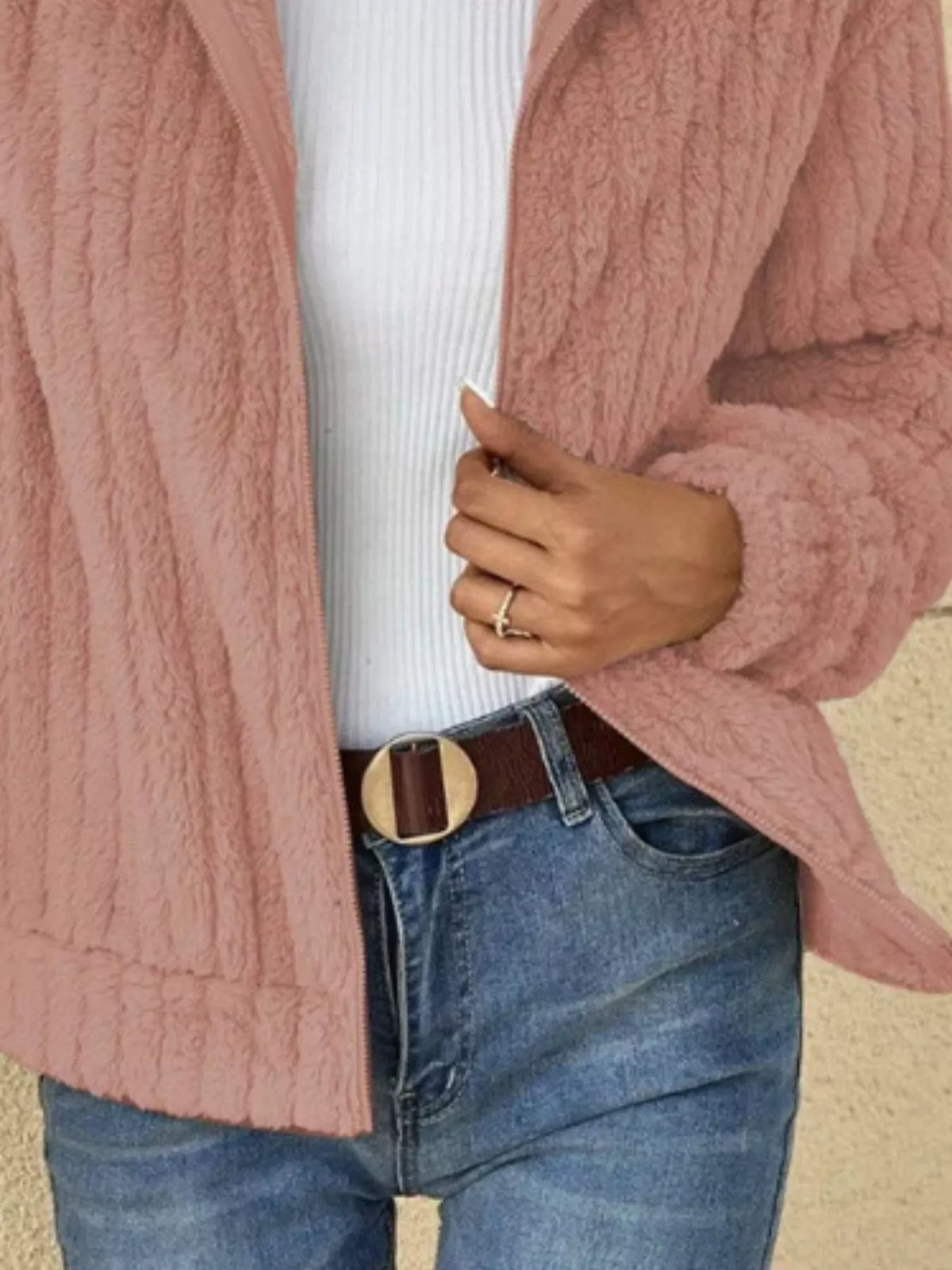 Full Size Zip-Up Long Sleeve Texture Jacket Plus Size