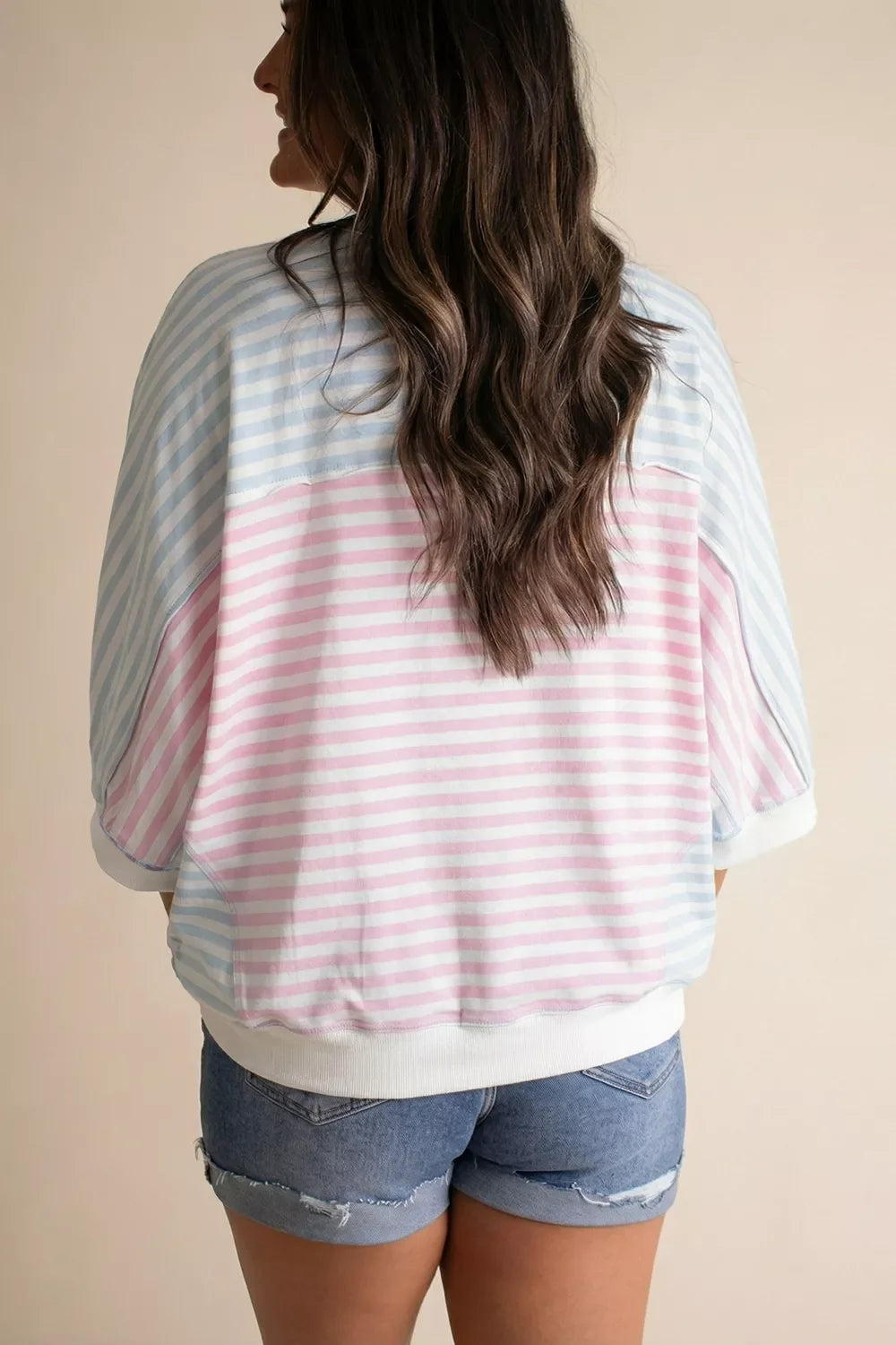 Casual Stripe Oversize Dolman Sleeve Patchwork T Shirt