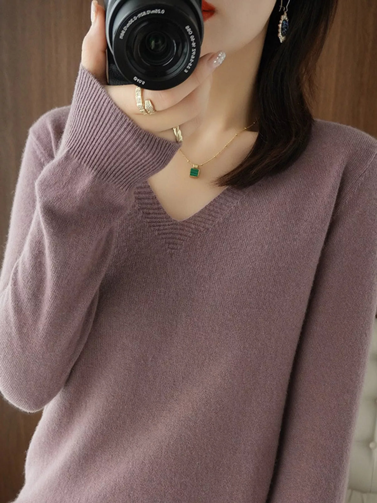 V-Neck Solid Color Sweater