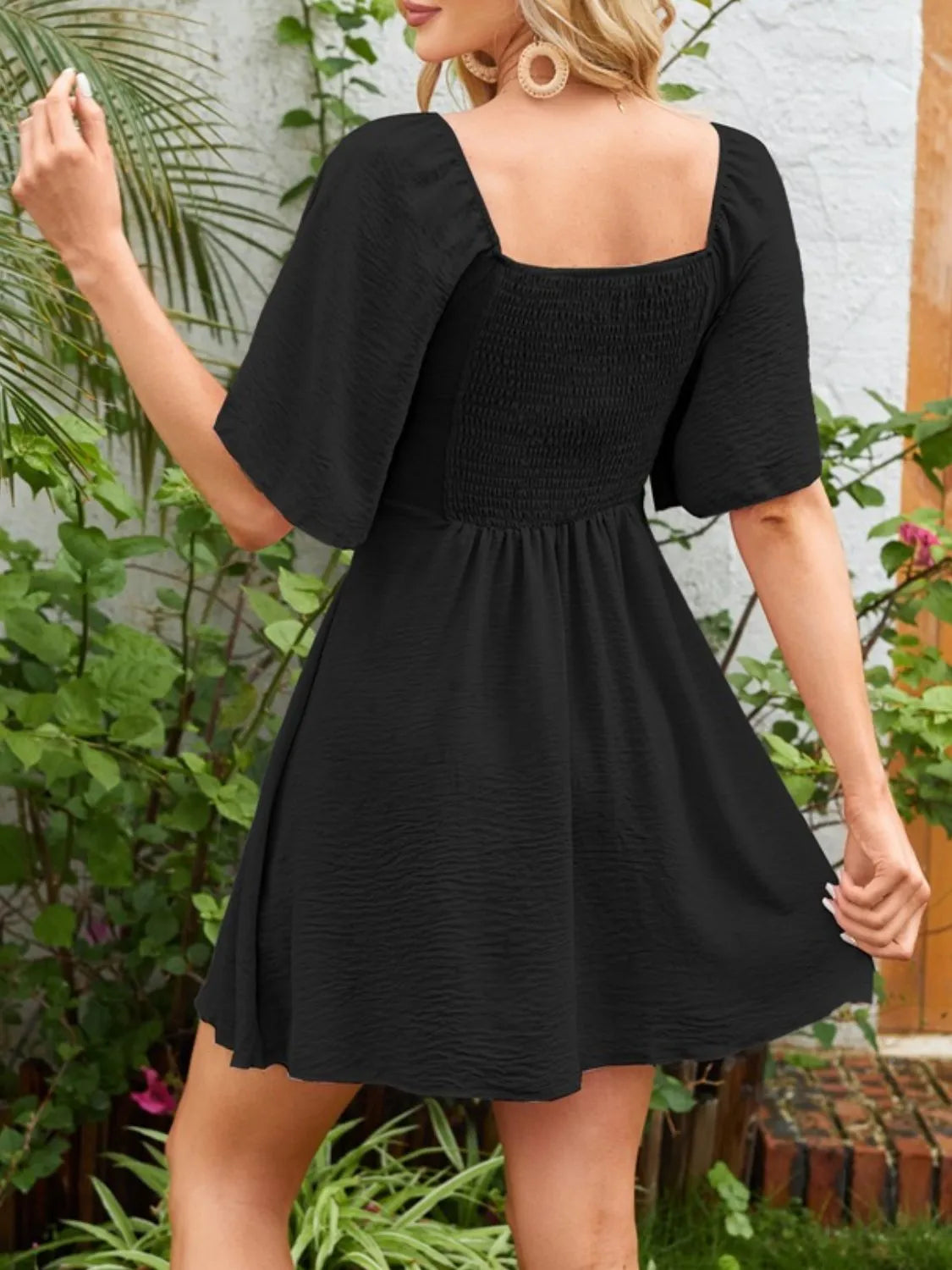 Smocked Back Knotted Flutter Sleeve Dress - Ladyez