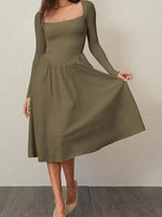 Square Neck Long Sleeve Midi Dress