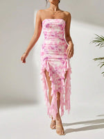 Tie-Dye Strapless Ruffle Hem Dress - Ladyez
