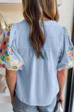 Embroidered Tie Neck Short Sleeve Blouse - Ladyez
