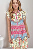 Floral Mixed Pattern Ruffle Flutter Sleeve Buttoned Dress