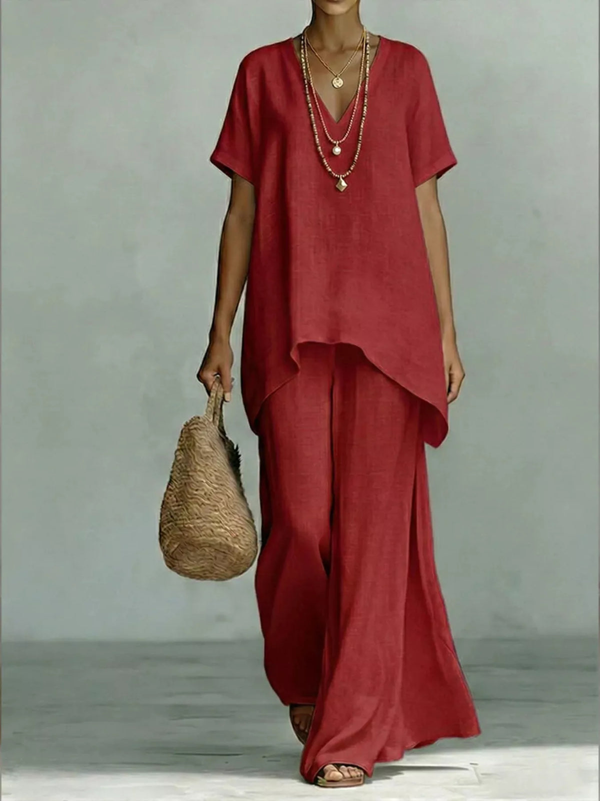 Full Size V-Neck Top and Wide-Leg Pants Set Plus Size