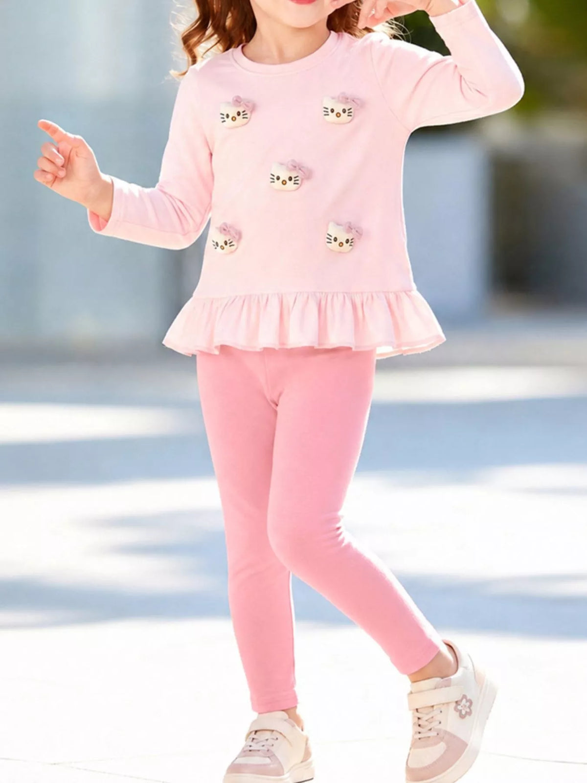 Children's Cat Ruffled Hem Top and Leggings Set