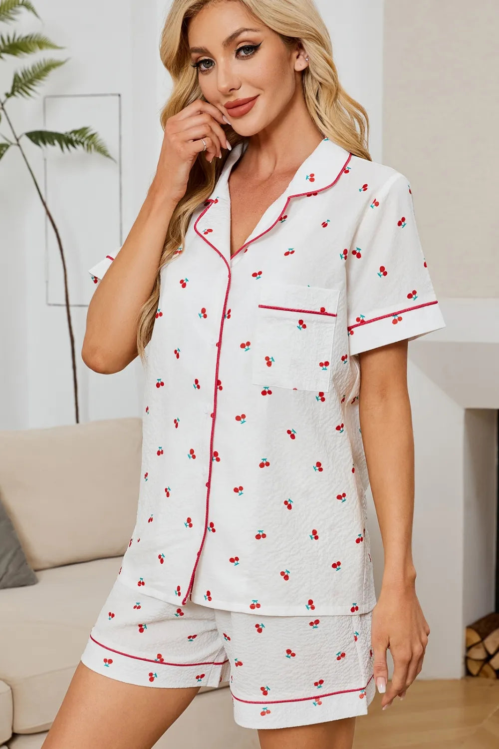 Cheery Print Collared Neck Top and Shorts Lounge Set - Ladyez