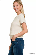 Zenana Round Neck Banded Botton Short Sleeve Sweater