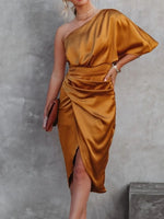 One-Shoulder Satin Wrap Dress with Side Slit - Ladyez
