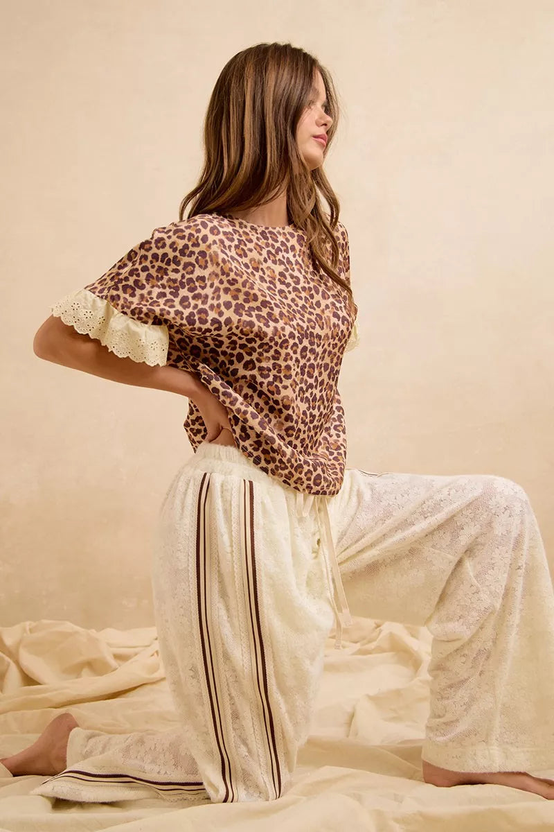 BiBi Leopard and Eyelet Lace Ruffled Top and Shorts Set
