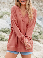 Drawstring V-Neck Waffle Knit Casual Hoodie