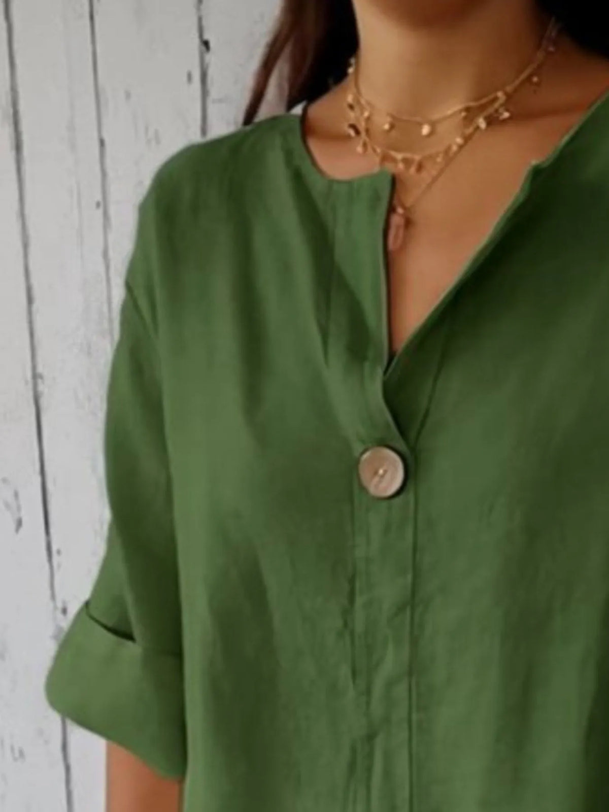 Full Size Linen Blend Notched Blouse Plus Size - Ladyez