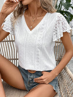 Eyelet V-Neck Flutter Sleeve Blouse