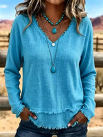 V-Neck Long Sleeve Blouse with Frayed Hem Detail