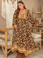 Plus Size Printed V-Neck Balloon Sleeve Dress - Ladyez