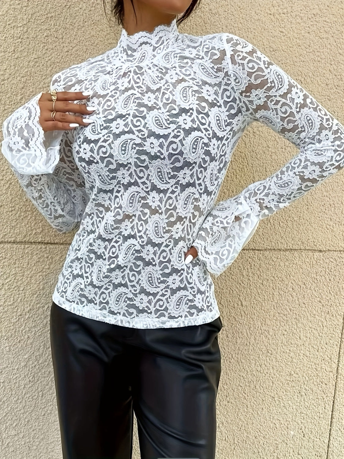 Mock Neck Long Sleeve Lace Top - Ladyez