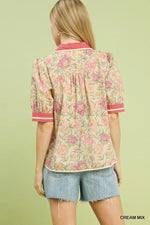 Umgee Mix Floral Puff Sleeve Blouse with Contrast Trim