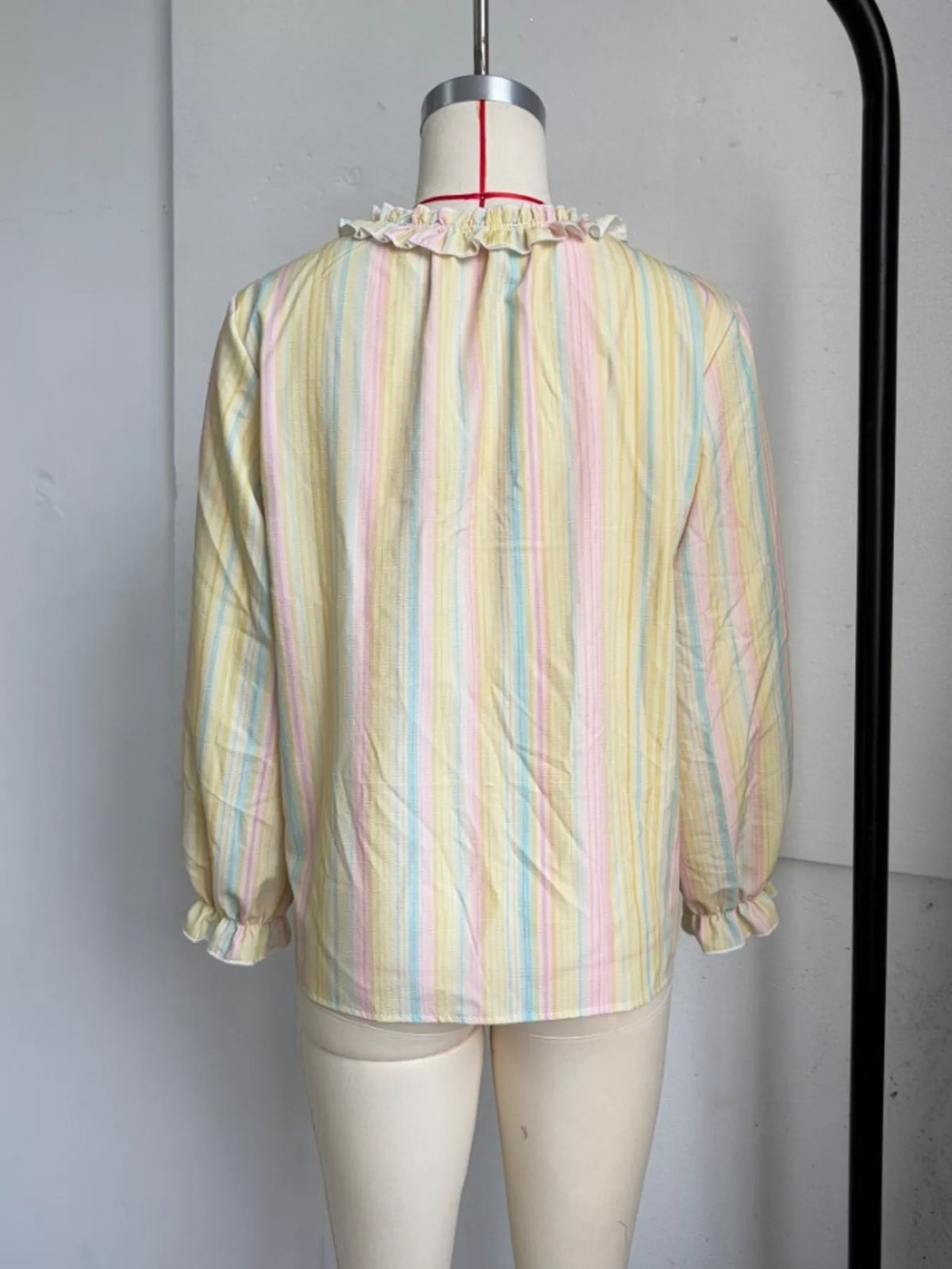 Striped Ruffle-Trim V-Neck Blouse