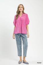 Umgee Textured Lace Trim V-Neck Boho Blouse