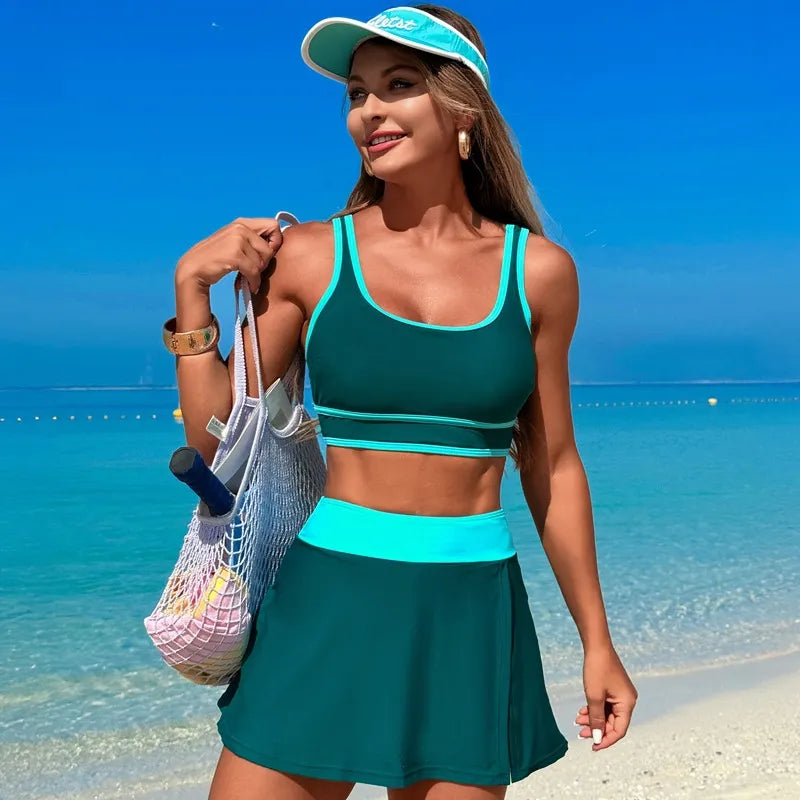 Scoop Neck Top and Skort Swim Set - Ladyez