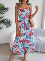 Smocked Floral Tie Shoulder Midi Dress - Ladyez