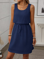 Waffle-Knit Drawstring Mini Tank Dress - Ladyez