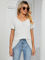 Ruched V-Neck Short Sleeve T-Shirt - Ladyez