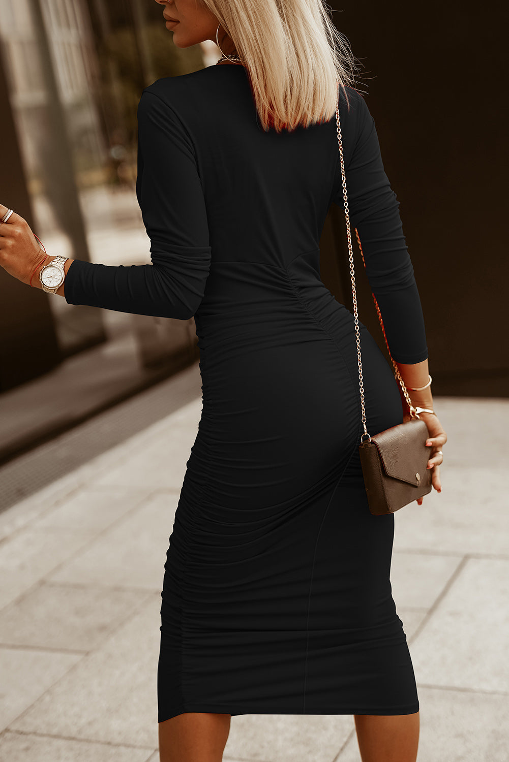 Ruched Surplice Long Sleeve Midi Dress - Ladyez