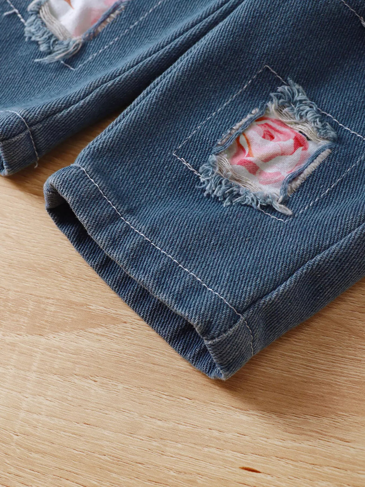 Children's Floral Ruffle Trim Top & Distressed Jeans Set