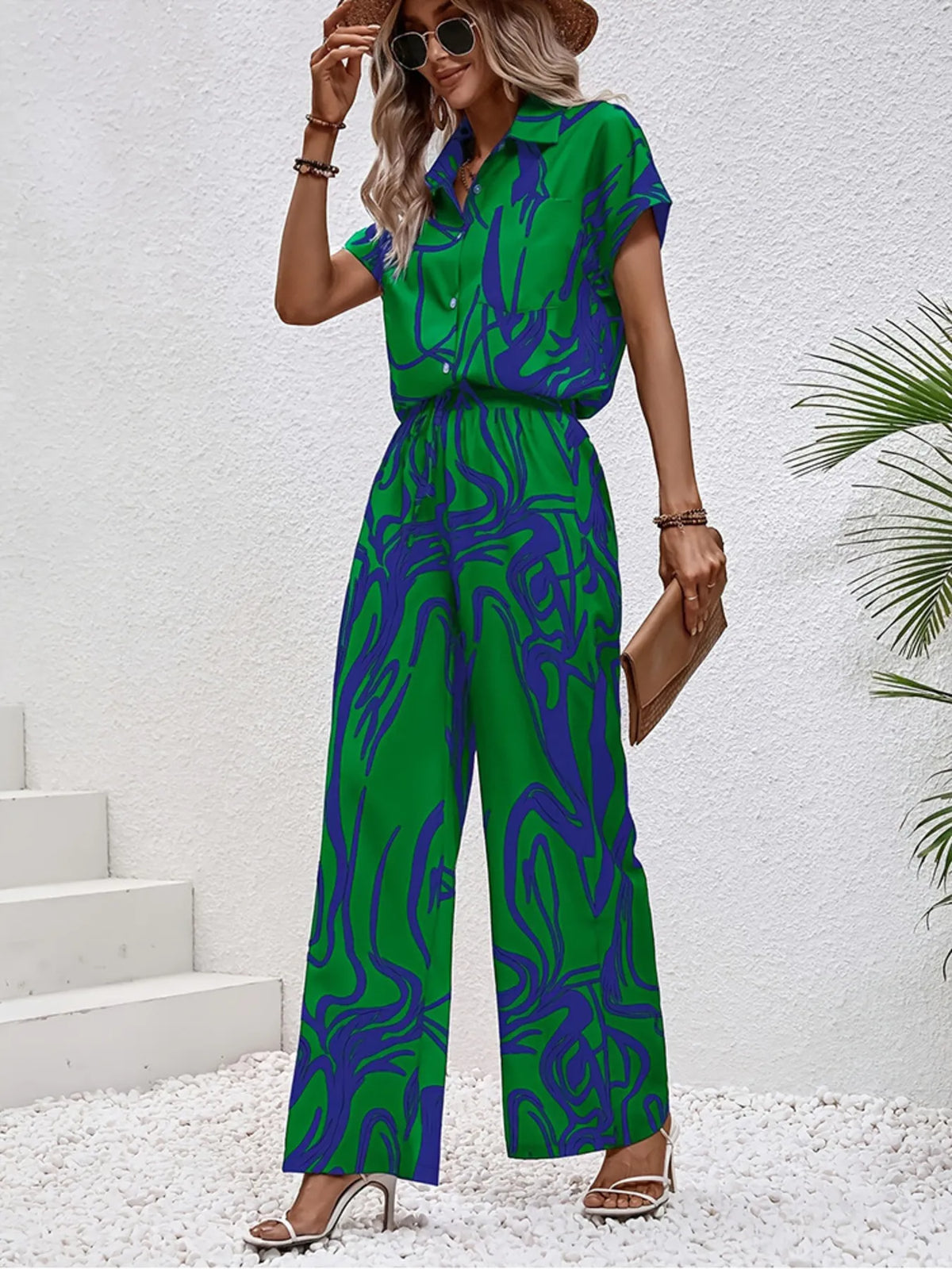 Printed Button Up Shirt and Pants Set