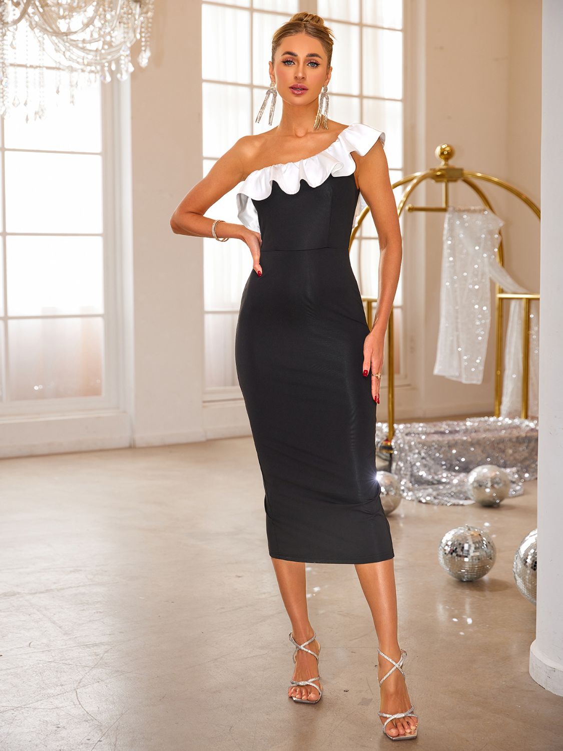 Slit Contrast Single Shoulder Midi Dress - Ladyez