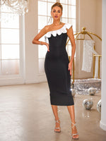 Slit Contrast Single Shoulder Midi Dress - Ladyez