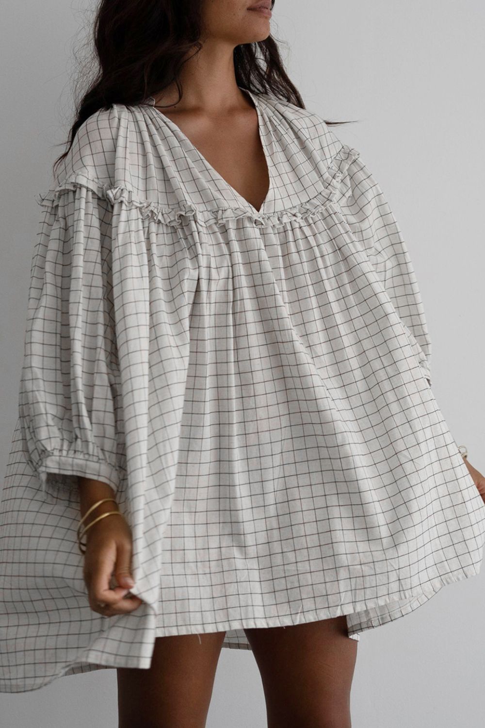 Frill Plaid Notched Balloon Sleeve Mini Dress - Ladyez