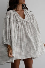 Frill Plaid Notched Balloon Sleeve Mini Dress - Ladyez