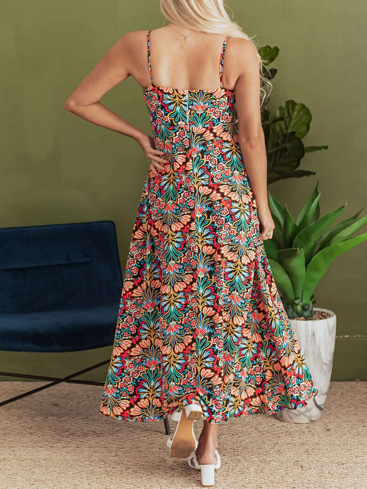 Floral Print Thin Straps High Waist Maxi Dress - Ladyez