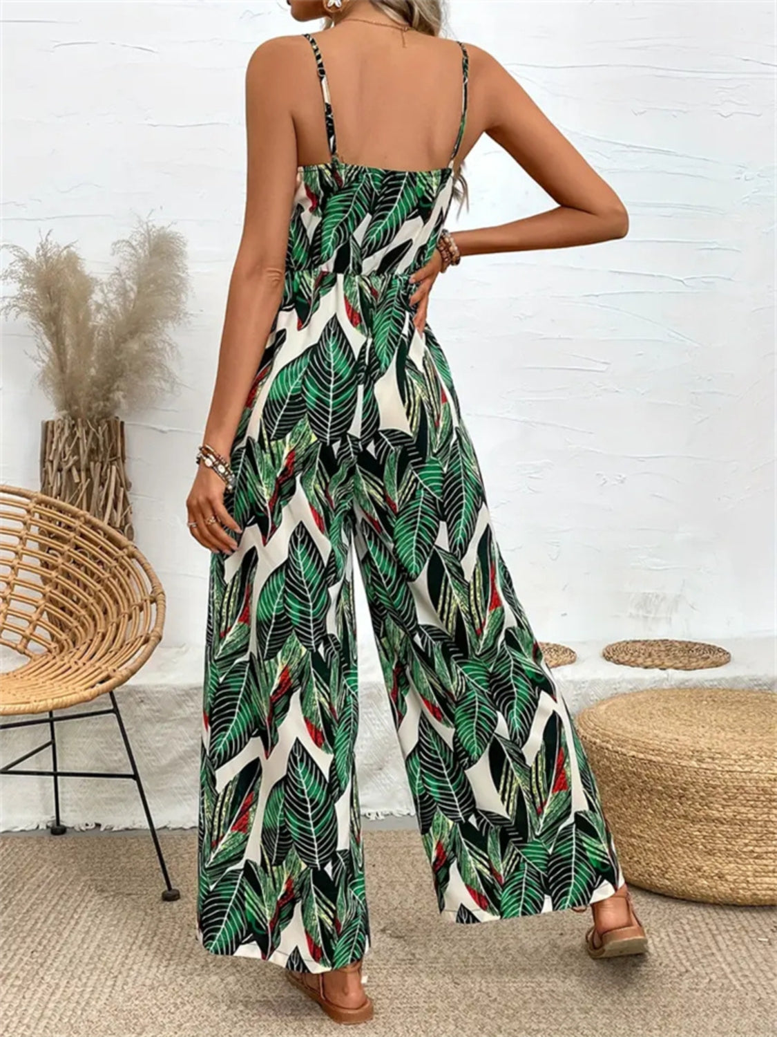 Tropical Print Spaghetti Strap Wide Leg Jumpsuit - Ladyez