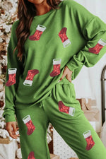 Sequin Socks Round Neck Long Sleeve Top and Pants Lounge Set - Ladyez