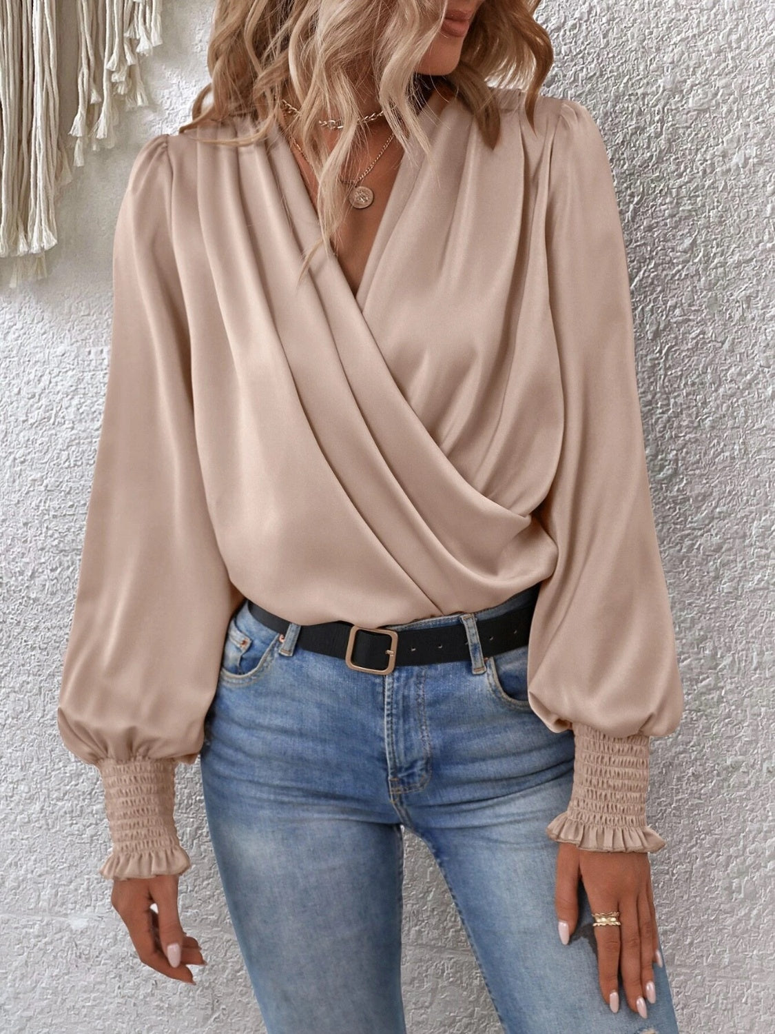 Surplice Smocked Lantern Sleeve Blouse - Ladyez
