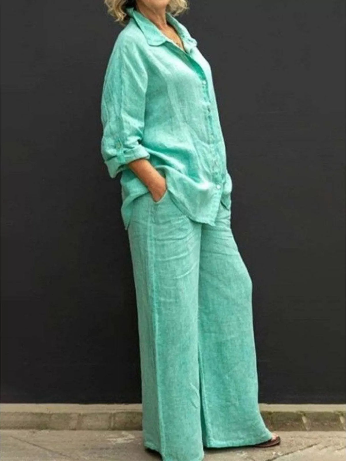 Full Size Long Sleeve Shirt and Pants Set Plus Size