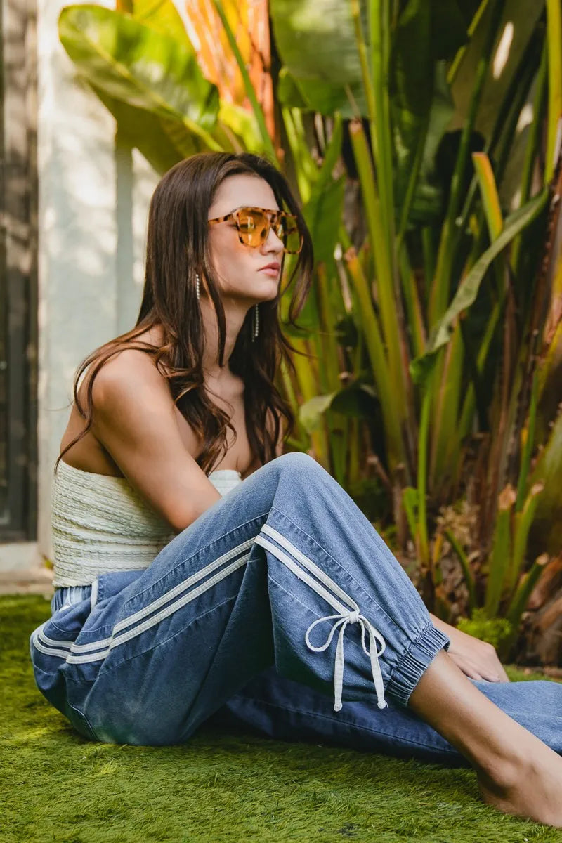 BiBi Striped Tape Details With Bot Tied Point Elastic Waist Jeans - Ladyez