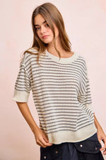 BiBi Stripes Short Sleeves Rib Banded Outseam Knit Top