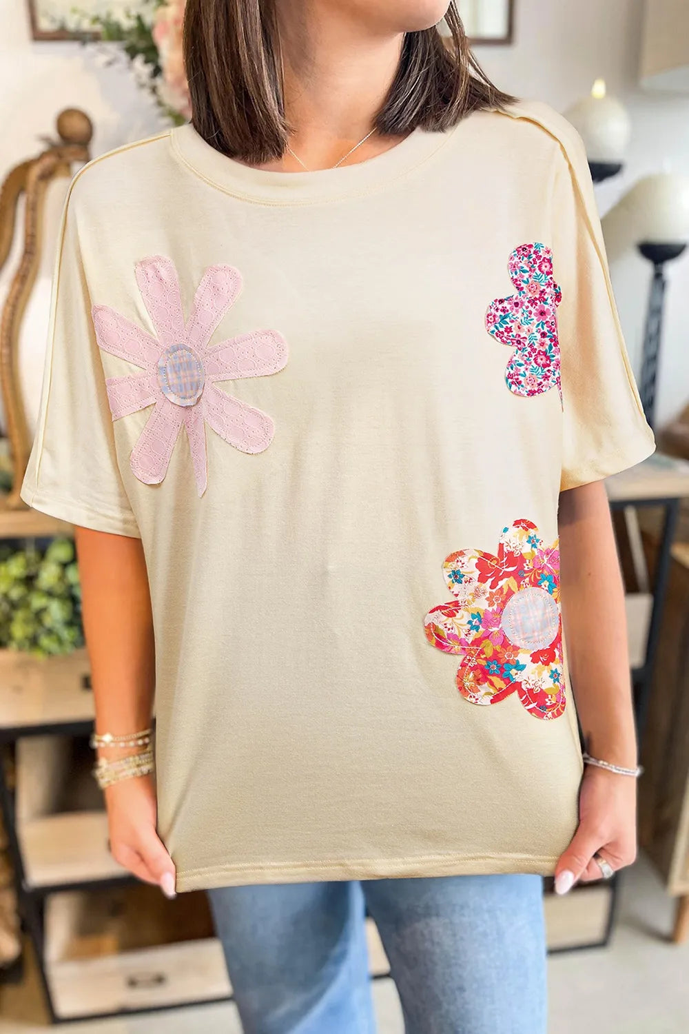 Flower Patched Exposed Stitching Trim Crew Neck Loose Tee