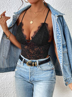 Perfee Crisscross Lace Spaghetti Strap Bodysuit - Ladyez