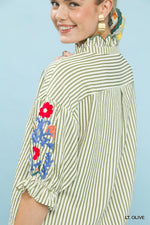 Umgee Embroidered Ruffle Trim Stripe Blouse